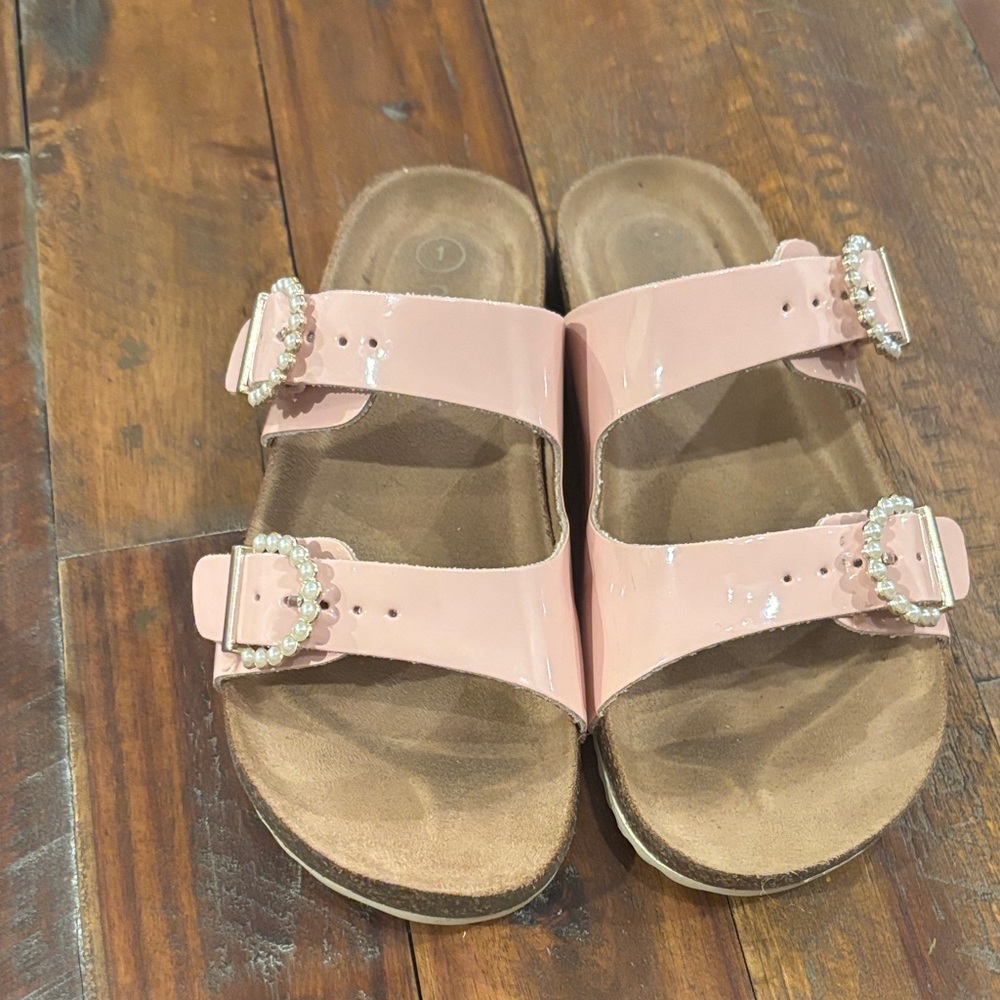 Pink Patent Leather Sandals with Rhinestone Buckles